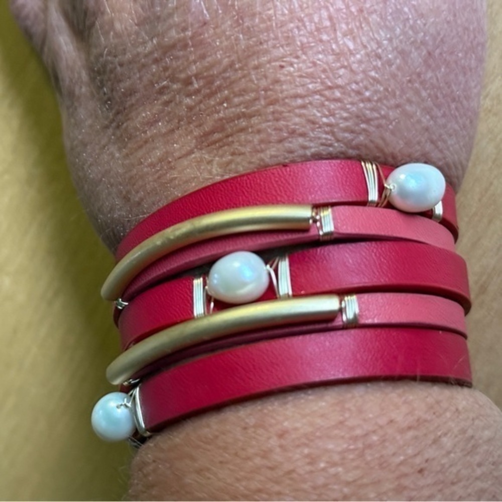 Red Leather Wrap Bracelet with Gold Accents